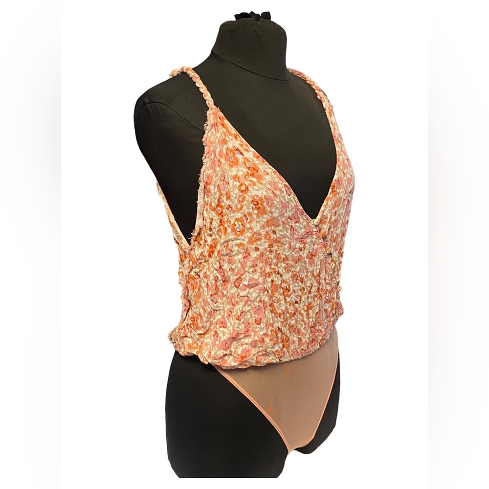 Free People Peach Multi Floral Velvet Crushed Bodysuit